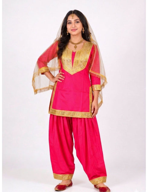 Punjabi Folk Dance Costume Giddha for Girls and Females | Pink & Golden | With Jewellery
