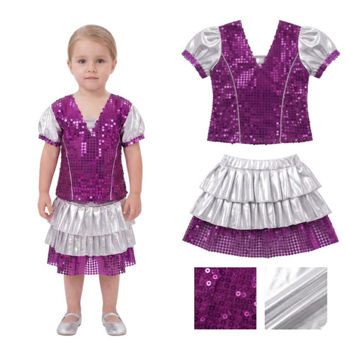 Western Dance Costume for Girls Kids - Purple & Silver - Top with Frock - Premium