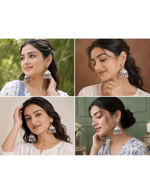 Big Silver Jhumka Earrings Jewellery - Traditional Fancy Dress Costume Accessory for Girls