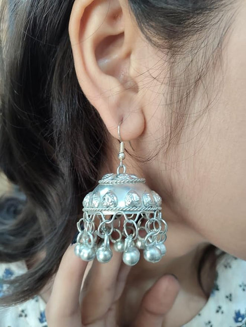 Big Silver Jhumka Earrings Jewellery - Traditional Fancy Dress Costume Accessory for Girls