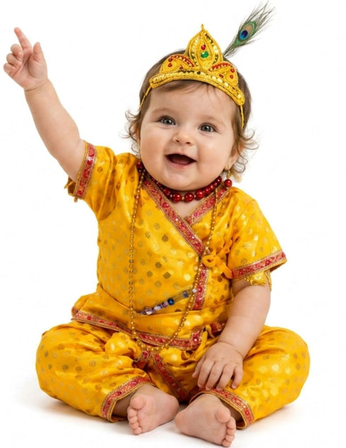 Shri Krishna Kanha Kanhaiya Polka Dots Kids & Adult Fancy Dress Costume 10 Pcs Set with Accessories