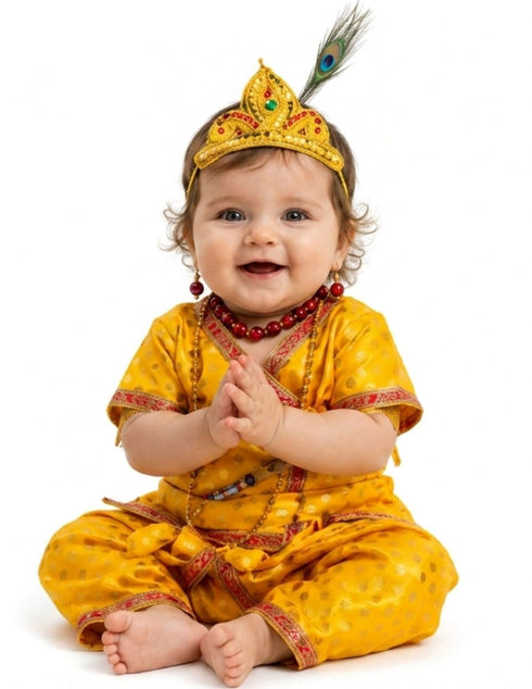 Shri Krishna Kanha Kanhaiya Polka Dots Kids & Adult Fancy Dress Costume 10 Pcs Set with Accessories