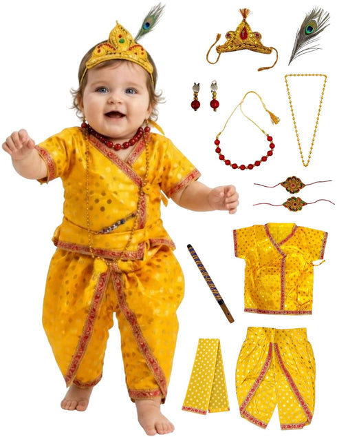 Shri Krishna Kanha Kanhaiya Polka Dots Kids & Adult Fancy Dress Costume 10 Pcs Set with Accessories