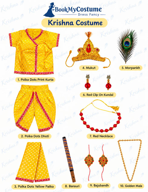 Shri Krishna Kanha Kanhaiya Polka Dots Kids & Adult Fancy Dress Costume 10 Pcs Set with Accessories