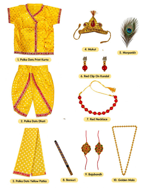 Shri Krishna Kanha Kanhaiya Polka Dots Kids & Adult Fancy Dress Costume 10 Pcs Set with Accessories