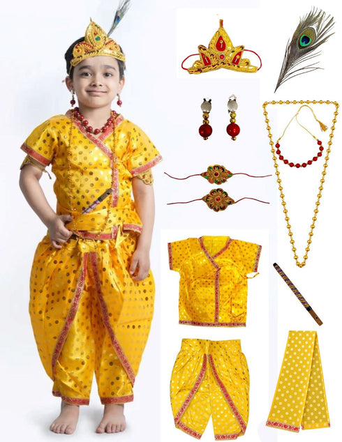 Shri Krishna Kanha Kanhaiya Polka Dots Kids & Adult Fancy Dress Costume 10 Pcs Set with Accessories