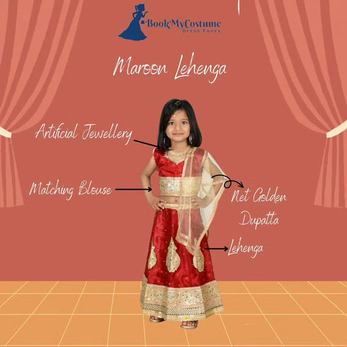 BookMyCostume Radha Garba Lehenga Choli Kids Fancy Dress Costume for Girls - Premium - Maroon & Golden