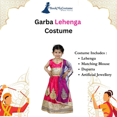 BookMyCostume Radha Garba Lehenga Choli Girls Fancy Dress Costume for Girls with Jewellery - Premium - Pink