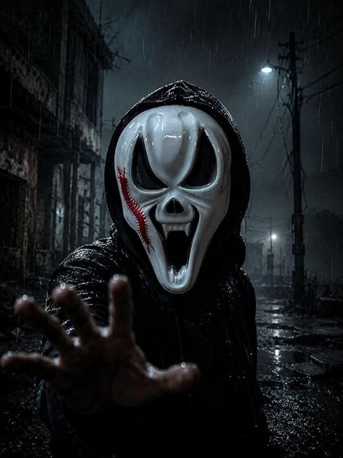 Skeleton Ghost Red Patch Mask Adult & Kids Fancy Dress Costume Accessory | Halloween