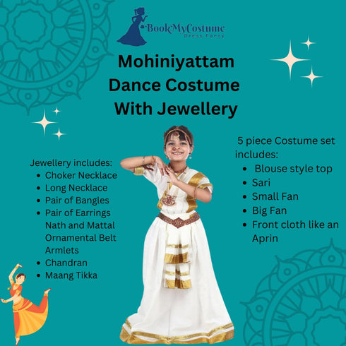 BookMyCostume Mohiniyattam Saree Indian Classical Dance Costume for Girls and Women with 10 Pcs Jewellery Set