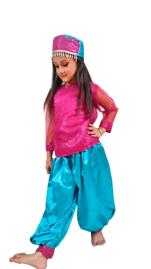 BookMyCostume Arabian Girl Pink & Blue Belly Dance Western Dance Performance Costume for Girls Kids Fancy Dress Costume