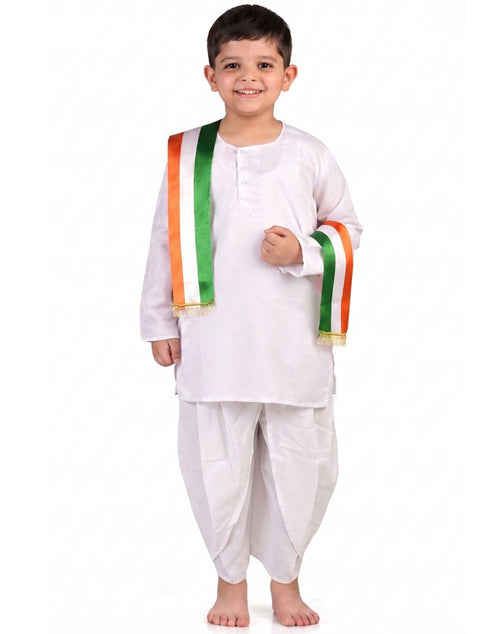 White Dhoti Kurta with Tricolour Stole Indian Patriotic Independence Day Kids Fancy Dress Costume