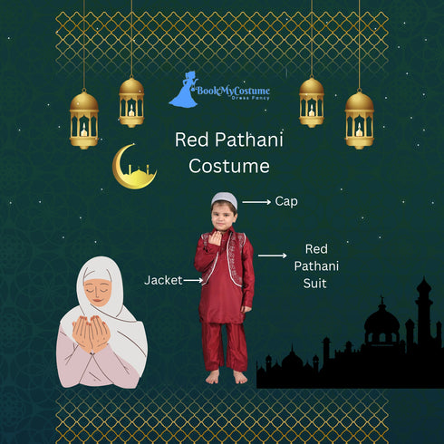BookMYCostume Muslim Boy Red Pathani Suit with Cap Indian Fancy Dress Costume for Boys