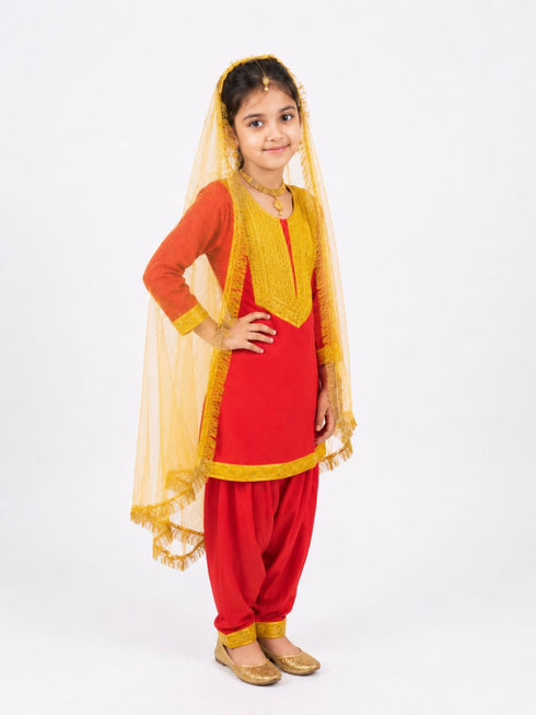 Punjabi Giddha Baisakhi Folk Dance Costume for Girls and Females | Golden & Red | with Jewellery