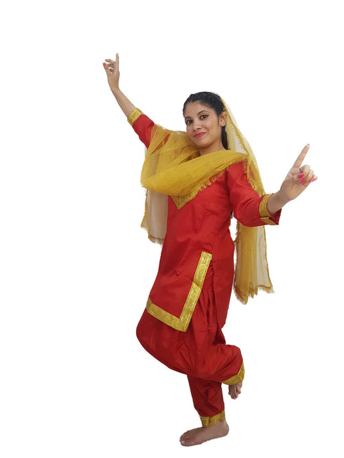 Punjabi Giddha Baisakhi Folk Dance Costume for Girls and Females | Golden & Red | Without Jewellery