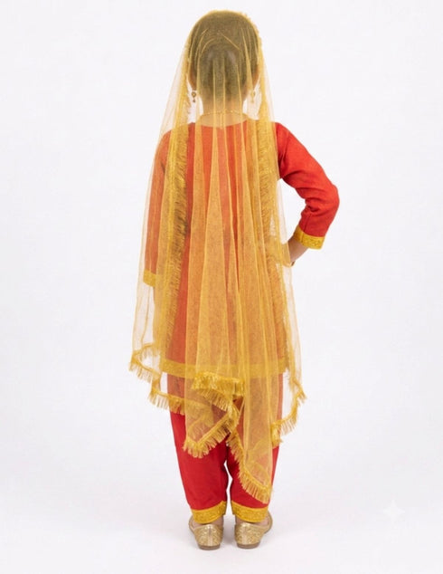 Punjabi Giddha Baisakhi Folk Dance Costume for Girls and Females | Golden & Red | Without Jewellery