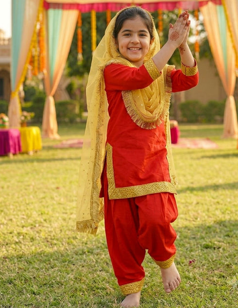 Punjabi Giddha Baisakhi Folk Dance Costume for Girls and Females | Golden & Red | Without Jewellery