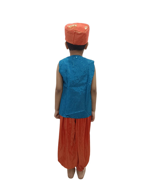 BookMyCostume Arabian Boys Western Belly Dance Costume Shirt Harem Pant Cap for Kids Costume | Blue & Red