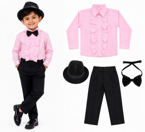Ballroom Western Dance Pink Frill Shirt Black Pant Hat & Bow Set Kids and Adult Fancy Dress Costume