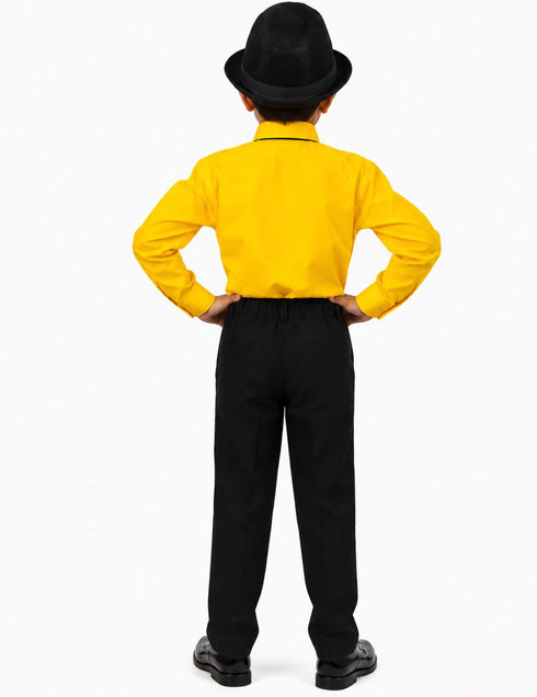 Ballroom Western Dance Yellow Frill Shirt Black Pant Hat & Bow Set Kids Fancy Dress Costume