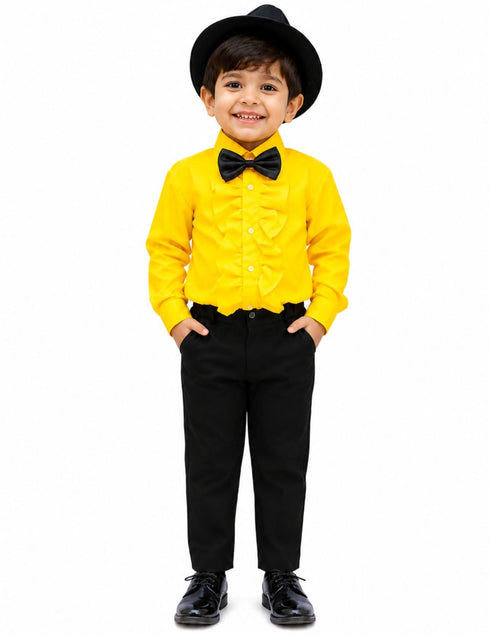 Ballroom Western Dance Yellow Frill Shirt Black Pant Hat & Bow Set Kids Fancy Dress Costume