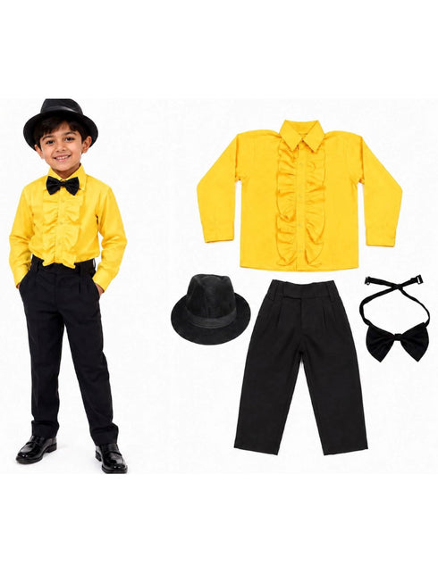 Ballroom Western Dance Yellow Frill Shirt Black Pant Hat & Bow Set Kids Fancy Dress Costume