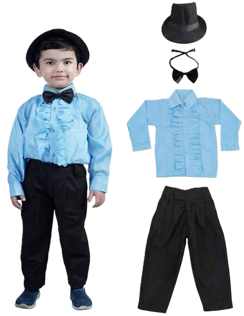 Ballroom Western Dance Blue Frill Shirt Black Pant Hat & Bow Set Kids Fancy Dress Costume