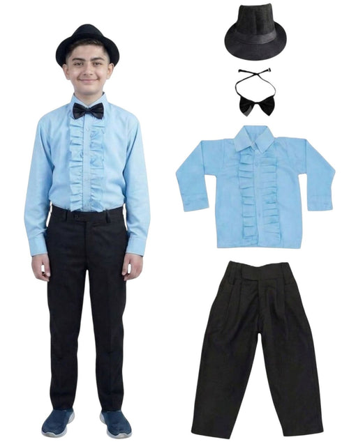 Ballroom Western Dance Blue Frill Shirt Black Pant Hat & Bow Set Kids Fancy Dress Costume