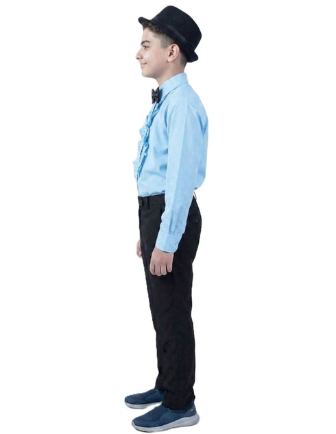 Ballroom Western Dance Blue Frill Shirt Black Pant Hat & Bow Set Kids Fancy Dress Costume