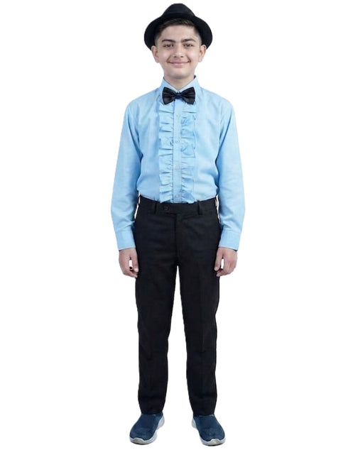 Ballroom Western Dance Blue Frill Shirt Black Pant Hat & Bow Set Kids Fancy Dress Costume