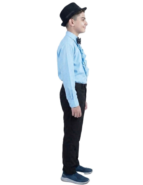 Ballroom Western Dance Blue Frill Shirt Black Pant Hat & Bow Set Kids Fancy Dress Costume