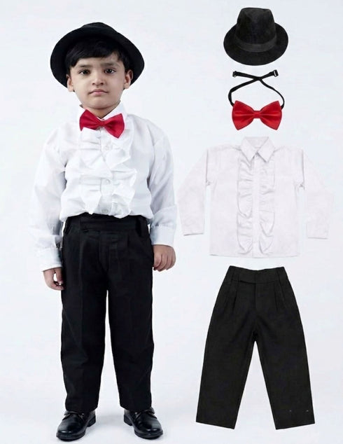 Ballroom Western Dance White Frill Shirt Black Pant Hat & Bow Set Kids Fancy Dress Costume