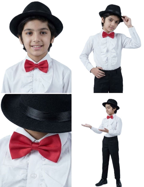 Ballroom Western Dance White Frill Shirt Black Pant Hat & Bow Set Kids Fancy Dress Costume