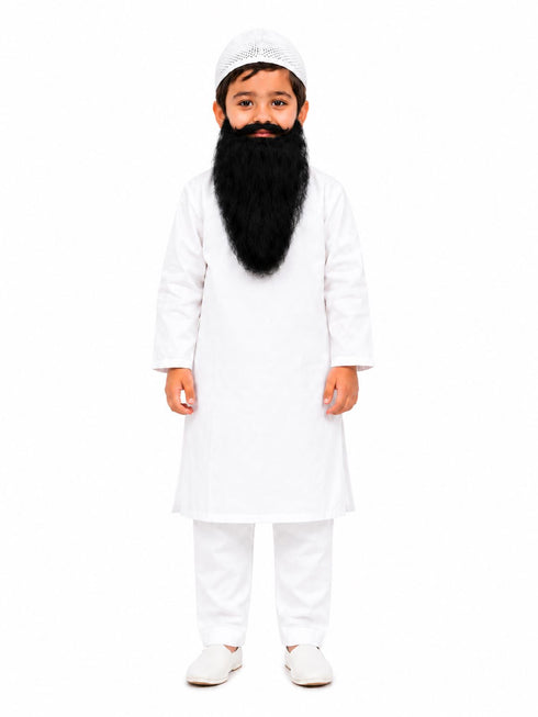 Muslim Man White Kurta Pyjama with Beard for Boy's Kids Indian Fancy Dress Costume