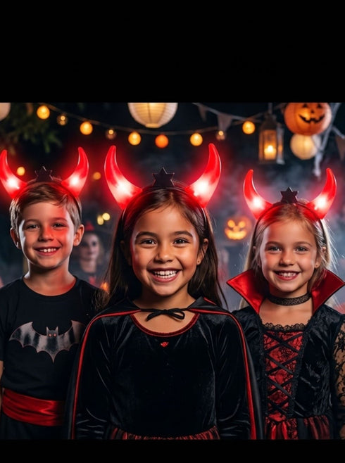 Dracula Vampire Devil LED Horns Headband for Kids – Light-Up Halloween Accessory with On/Off Button (Black/Red)