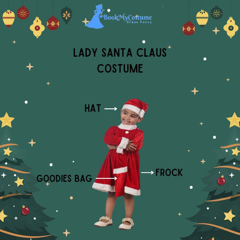 BookMyCostume Christmas Dress for Girls Santa Theme Frock Fancy Dress Costume | Santa Girl Costume - Premium