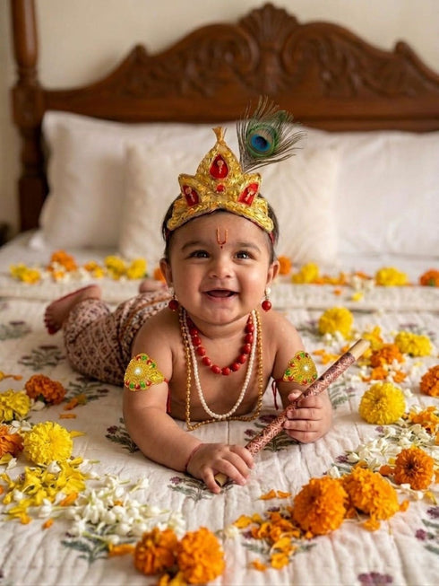 Traditional Krishna Jewellery for Kids/Janmashtami Accessory Jewellery for Kids/Infant Bal Gopal/Kanha Bal Krishna Mukut Jewelry Set 0-8 Years