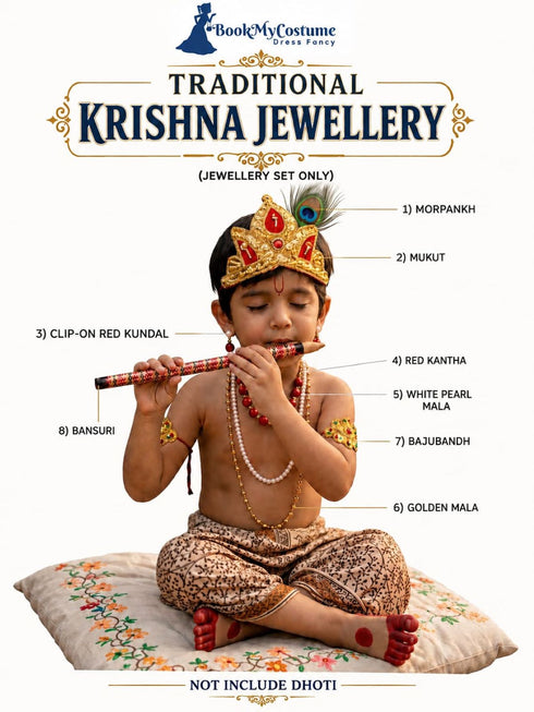 Traditional Krishna Jewellery for Kids/Janmashtami Accessory Jewellery for Kids/Infant Bal Gopal/Kanha Bal Krishna Mukut Jewelry Set 0-8 Years