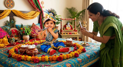 Krishna Costume with Heavy Jewellery and Pagdi and Brocade - Janmashtami Complete Premium Dress for Baby Kanha Boys & Girls - Light Blue