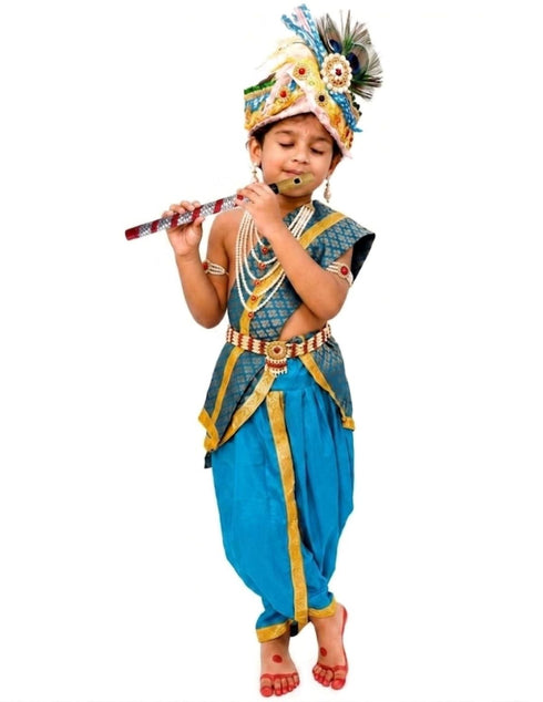Krishna Costume with Heavy Jewellery and Pagdi and Brocade - Janmashtami Complete Premium Dress for Baby Kanha Boys & Girls - Light Blue