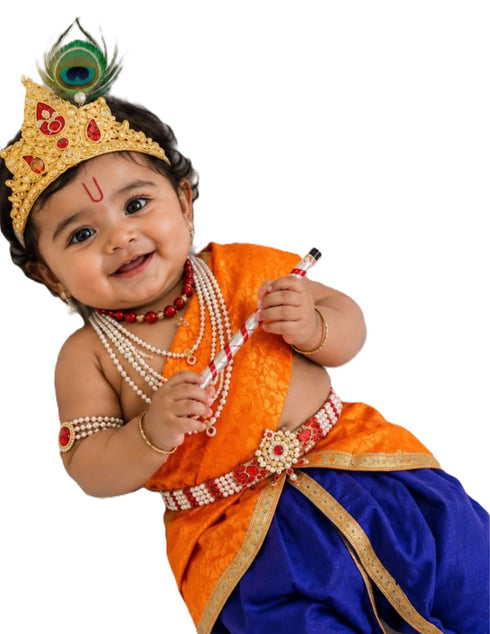 Krishna Costume with Heavy Jewellery and Mukut Set - Janmashtami Premium Dress for Baby Kanha Boys & Girls - Blue & Orange