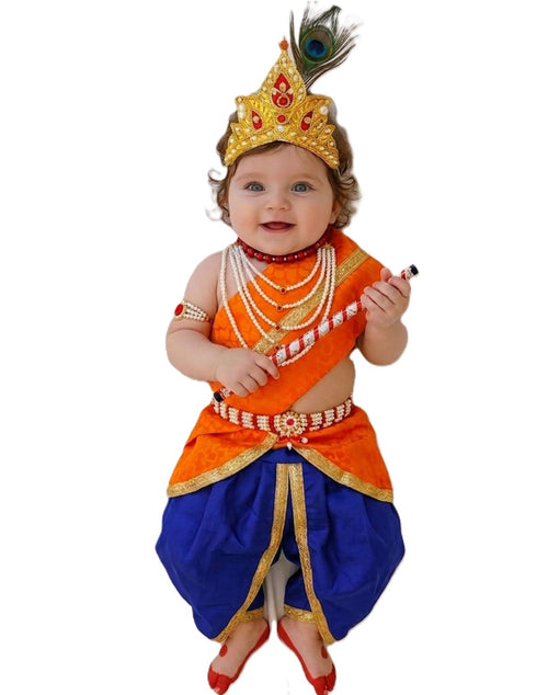 Krishna Costume with Heavy Jewellery and Mukut Set - Janmashtami Premium Dress for Baby Kanha Boys & Girls - Blue & Orange