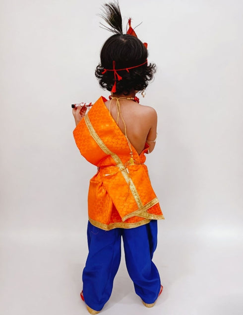 Krishna Costume with Heavy Jewellery and Mukut Set - Janmashtami Premium Dress for Baby Kanha Boys & Girls - Blue & Orange