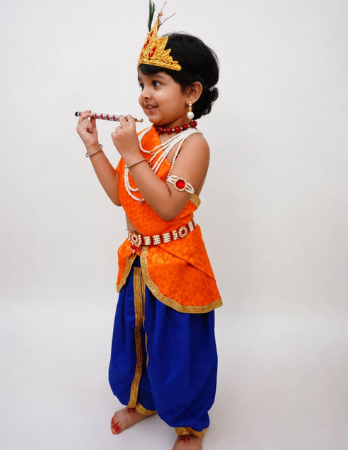 Krishna Costume with Heavy Jewellery and Mukut Set - Janmashtami Premium Dress for Baby Kanha Boys & Girls - Blue & Orange