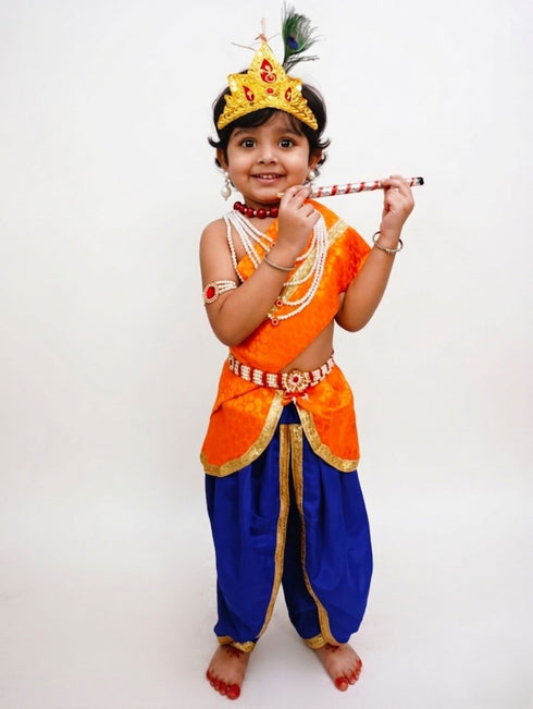 Krishna Costume with Heavy Jewellery and Mukut Set - Janmashtami Premium Dress for Baby Kanha Boys & Girls - Blue & Orange