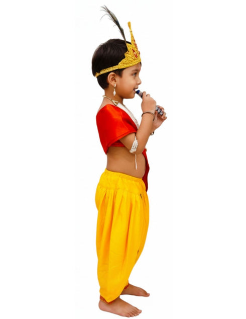BookMyCostume Krishna Yellow Costume Dhoti & Red Patka with Light Pearl Jewellery and Mukut Set - Janmashtami Dress Costume for Baby Kanha Laddu Gopal - Boys & Girls