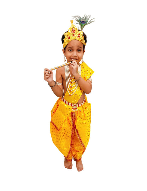Krishna Yellow Polka Dot Costume Dhoti Patka with Heavy Pearl Jewellery and Mukut Set - Janmashtami Dress Costume for Baby Kanha - Boys & Girls