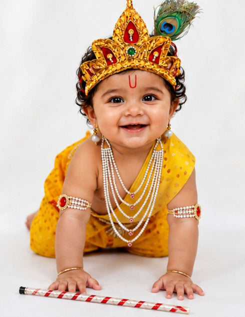 Krishna Yellow Polka Dot Costume Dhoti Patka with Heavy Pearl Jewellery and Mukut Set - Janmashtami Dress Costume for Baby Kanha - Boys & Girls