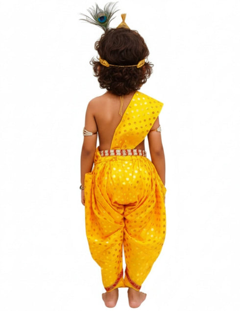 Krishna Yellow Polka Dot Costume Dhoti Patka with Heavy Pearl Jewellery and Mukut Set - Janmashtami Dress Costume for Baby Kanha - Boys & Girls