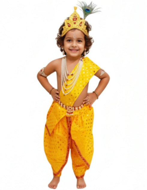 Krishna Yellow Polka Dot Costume Dhoti Patka with Heavy Pearl Jewellery and Mukut Set - Janmashtami Dress Costume for Baby Kanha - Boys & Girls